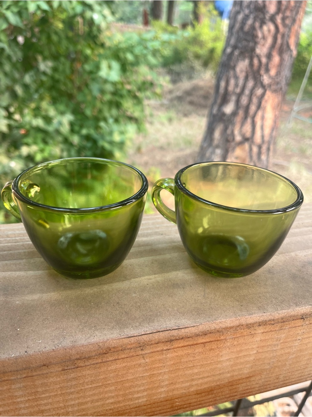 Vintage Indiana Glass, Sunburst, Avocado, Green Demi Mugs/Tea Cups Set of 2 Rare